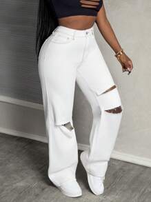 SHEIN Slayr Women's Mid-Rise Straight Leg Ripped Loose Fit Casual Jeans