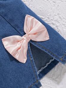Conjunto de 2 piezas para bebé: Top de tirantes con lazo de colores y simple falda de mezclilla - Rosa Pálido - Ver 3