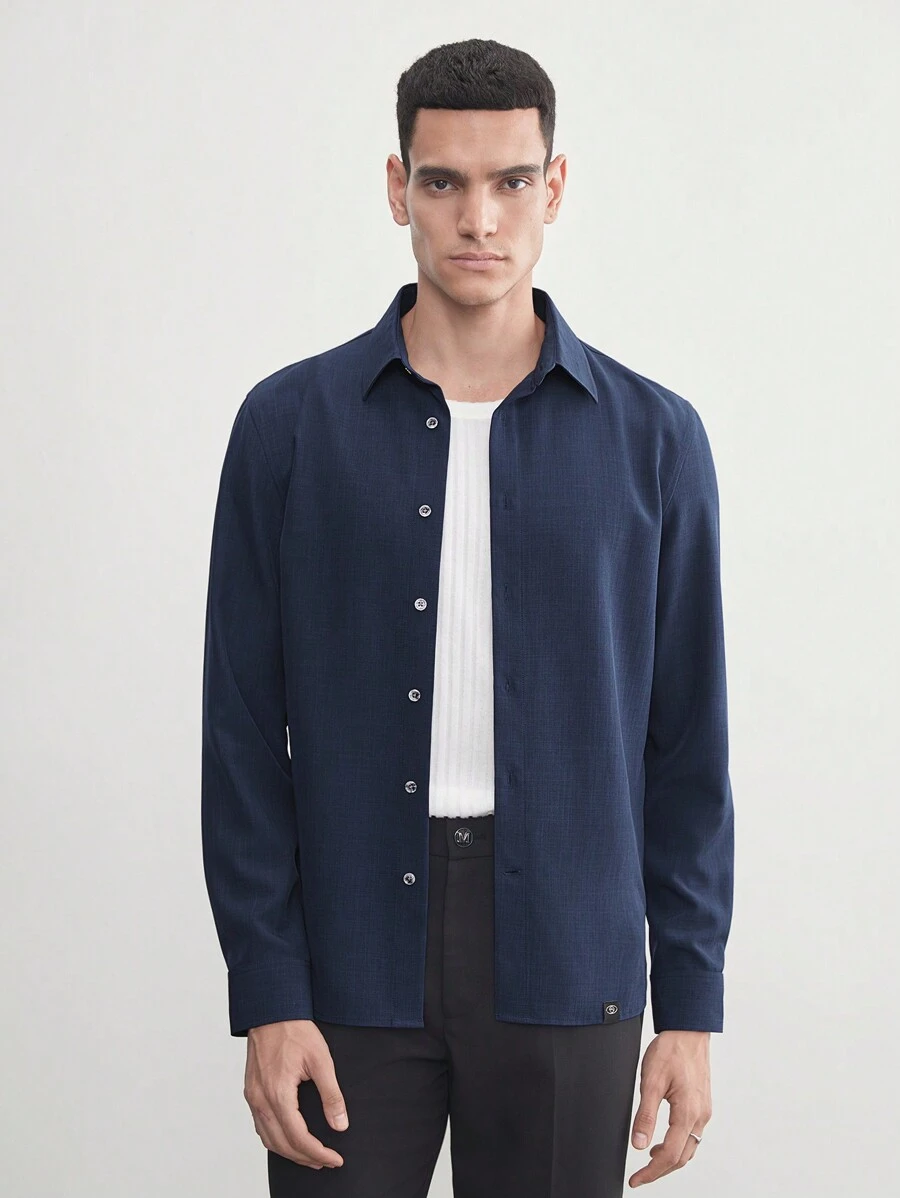 AKNOTIC Business Casual Áo sơ mi công sở dài tay màu trơn đơn giản dành cho nam Easy Care cho mùa hè - Màu xanh hải quân - Xem 1