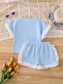 SHEIN Young Girl Comfortable Casual Lace Trimmed Short-Sleeved T-Shirt And Shorts Set - Blue - View 8