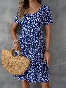 EMERY ROSE Women's Summer Holiday Floral Printed Short Sleeve Casual Dress With Round Neck - Blue and White - View 1