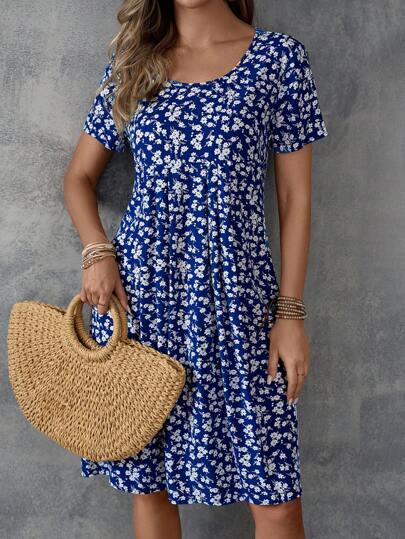 EMERY ROSE Women's Summer Holiday Floral Printed Short Sleeve Casual Dress With Round Neck