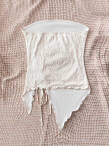 Soleia Women's Vacation Creamy White And Apricot Textured Knit Top With Strapless And Slits, Featuring Drawstring Design. Perfect Outfit For Graduation Season And Afternoon Tea Gathering.