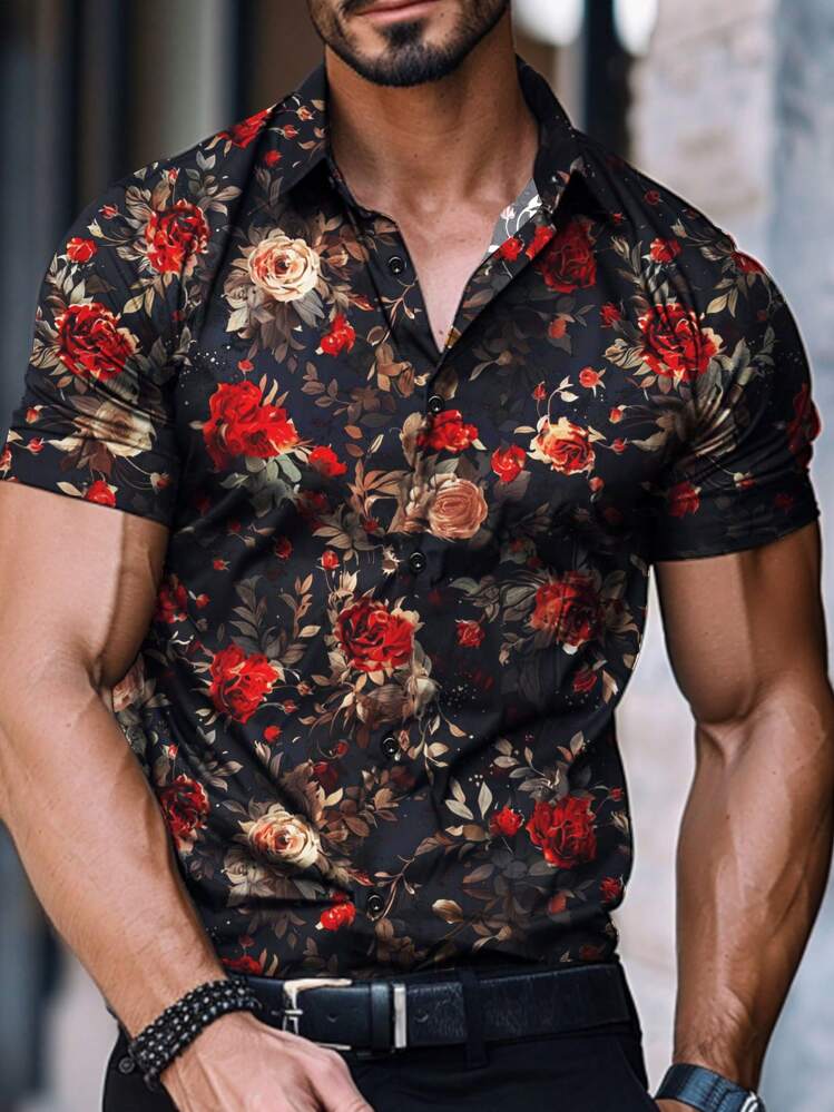 Manfinity LEGND Camisa Casual de Manga Curta com Estampa Gráfica Floral de Verão para Homens, Presente para Namorado - Multicolorido - Visão 1
