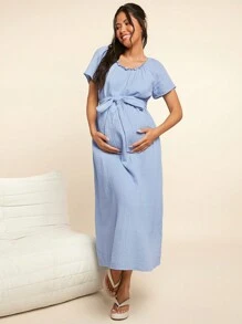 SHEIN Maternity Linen Round Neck A-Line Dress With Flared Sleeves, Loose Woven Solid Color Pregnancy Dress For Home