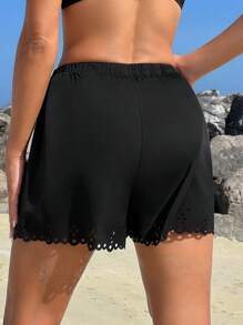 Swim Vcay Summer Clothes Women's Solid Color Elastic Waist Burnt-Out Hollow Out Cover Up Top And Shorts Summer