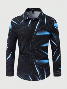 Manfinity Homme 男士加大码几何印花拼色长袖休闲衬衫，适合春夏季、度假 - 彩色 - 查看 4