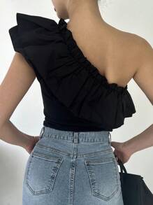 DAZY Women's Summer Fashion Solid Color Asymmetrical Neck Ruffle Trim Sleeveless Top Going Out Tops - Black - View 5