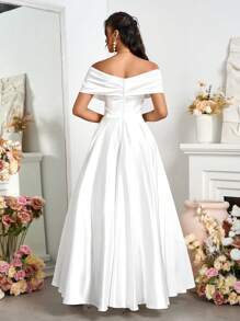 SHEIN Belle Váy cưới chữ A bằng vải satin hở vai thanh lịch Váy cưới màu trắng cho trang phục dự tiệc ngày lễ - trắng - Xem 2