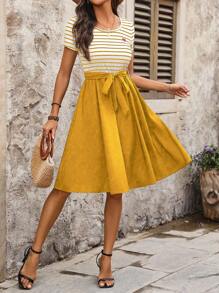 SHEIN Frenchy Casual Round Neck Heart Patch Striped Dress - Yellow - View 5