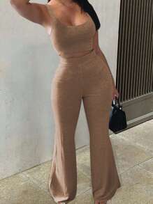 INAWLY Ladies' Plain And Simple Daily Wear Top And Trousers Set - Khaki - View 1