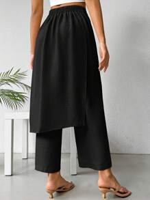 SHEIN Essnce Women Two-Layered Linen Color Loose Straight Long Skirt & Pants For Spring And Summer Casual Wear - Black - View 2