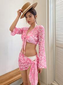 DAZY 女士印花系带长袖上衣和打结半裙，夏季套装，荷叶边度假邮轮波西米亚风女装 - 粉色 - 查看 6