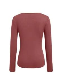 INAWLY Women's Spring/Summer Solid Color Round Neck Long Sleeve Slim Fit Hollow Out T-Shirt Fall Cloth For Women - Rose Red - View 2