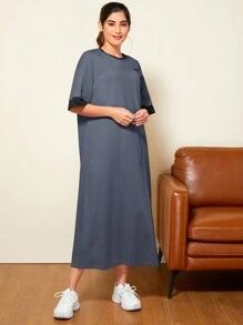 Seusyu Women's Color Block Trim Round Neck Summer Casual Dress - Dusty Blue - View 3