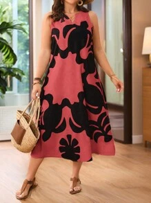 SHEIN Holidaya Color Block Plus Size Sleeveless Dress - Red - View 1