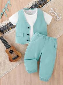 Baby Boys' Flip Detail Vest Jacket, Short Sleeve T-Shirt And Pants 3pcs Outfits - White - View 9