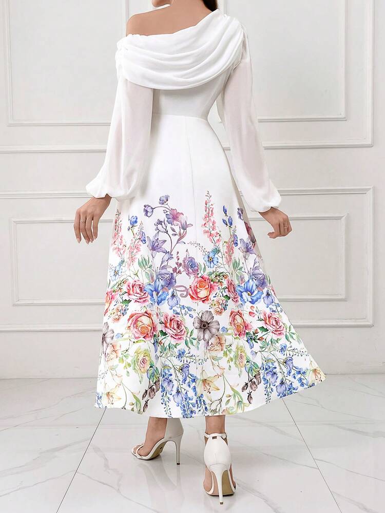 Women's Elegant Asymmetric Collar Lantern Sleeve Dress With Floral Print For Summer