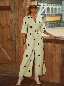 Breezaya Polka Dot Print Plunge Belted Jumpsuit, Vacation Style, Summer