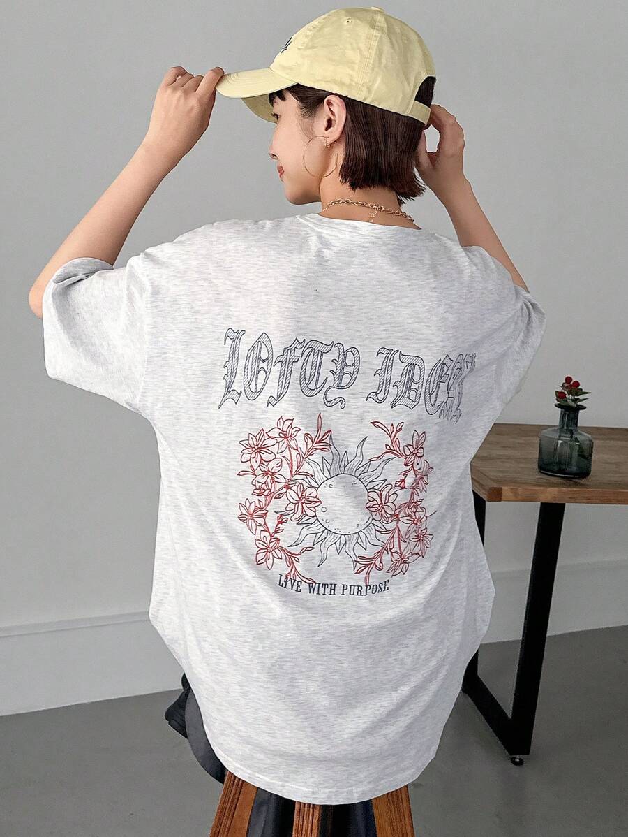 FRIFUL 女式夏季宽松字母花卉印花超大落肩圆领 T 恤，男女通用图案 T 恤 - 灰色 - 查看 1