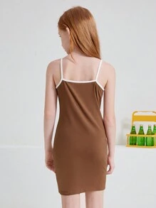 We Bare Bears X SHEIN Tween Girl Carrtoon And Letter Graphic Ringer Cami Dress - Brown - View 4