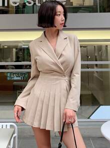 DAZY 女士夏季休闲纯色翻领褶皱裹身连体裤，秋季服装连身裤 - 杏色 - 查看 3