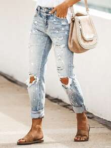 European And American Personalized Paint Splatter Ripped Straight Jeans