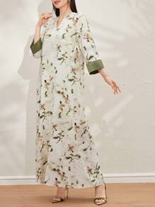 Al Najma Women's Casual Arabian Print Random Floral Pattern Dress - Green - View 7