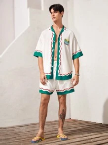 Manfinity VCAY 男士沙灘裝夏季輕盈透氣編織休閒夸張的夏威夷圖案襯衫和短褲套裝，適合沙灘和度假 - 彩色 - 查看 3