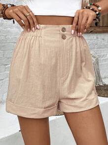 EMERY ROSE Bermudas informales de lino para mujer en unicolor con dobladillo enrollado, estilo de vacaciones - Caqui - Ver 6