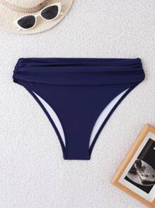 SHEIN Swim 女式色块平褶比基尼底部，夏季沙灘服裝 - 藏蓝色 - 查看 3