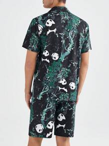 男士卡通熊貓印花前扣短袖上衣和短褲，夏季家居套裝 - 黑色 - 查看 4