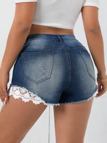 Firerie Plus Size Women's Lace Casual Denim Shorts With Distressed Pockets And Frayed Hems