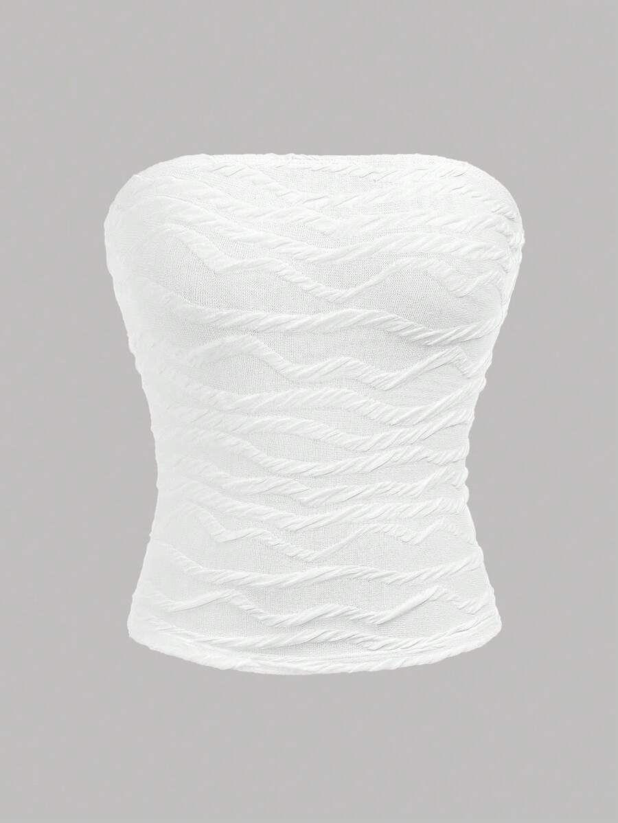 SHEIN Girlism 少女白色纹理针织露肩上衣