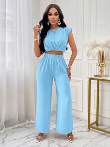 AIJ Amarilo Women's Casual Solid Shoulder Pad Round Neck Cropped Top & Wide Leg Pants Set - View 4