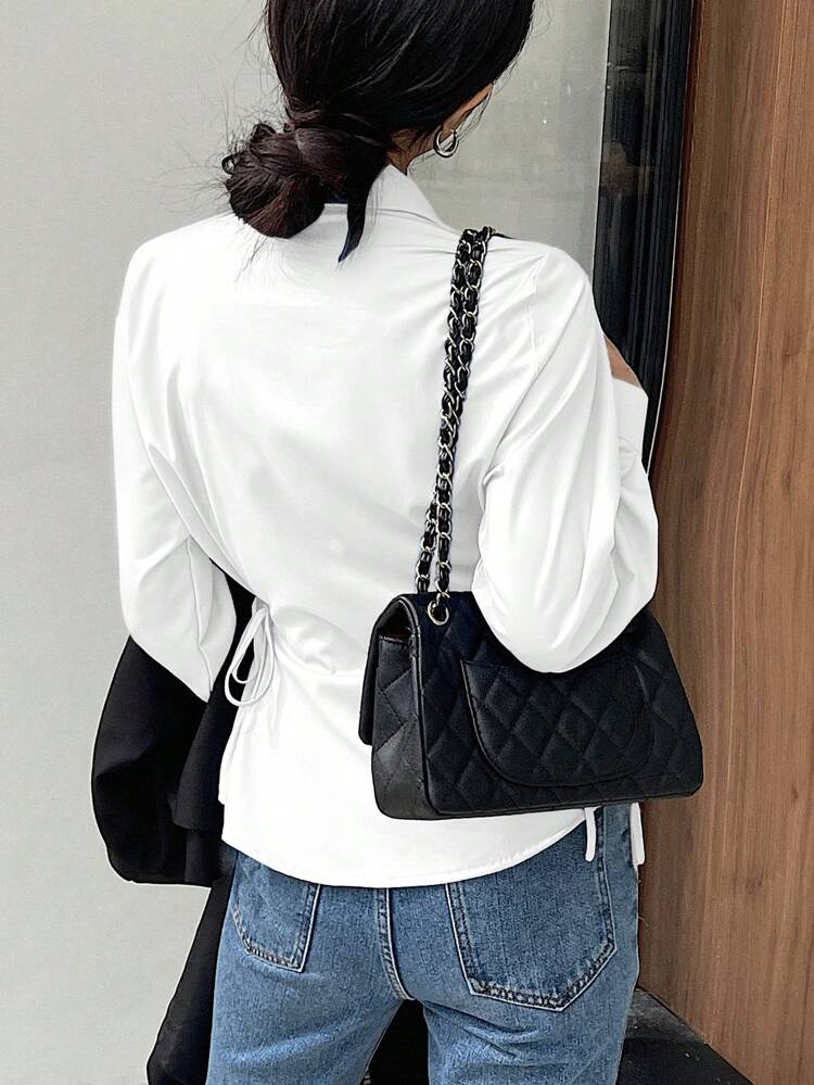 1pc Women's Business Casual Solid Color Lapel Long Sleeve Tie Waist Blouse Summer