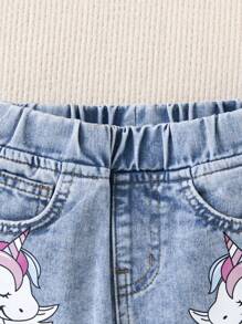 SHEIN Camiseta com efeito jeans para meninas, manga bufante rosa e saia azul com estampa de cavalo, conjunto de 2 peças
