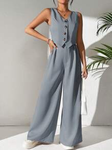 Rafferiza Spring/Summer Versatile Solid Color Short Vest And Pleated Wide Leg Pants Suit, Casual/Street Style/Office Wear - Grey - View 4
