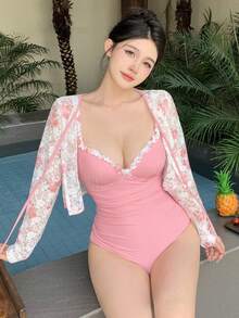 DAZY Áo kimono ren ngắn dành cho nữ với họa tiết hoa cho kỳ nghỉ ở bãi biển/hồ bơi - Nhiều màu - Xem 6