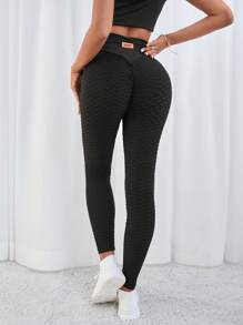 SHEIN Essnce 大码女式夏季休闲运动高腰提臀纹理面料紧身裤和长裤，夏季女装，女式下装，夏季裤子，黑色紧身裤，女式裤子，曲线裤，夏季服装，夏季裤子 - 黑色 - 查看 6