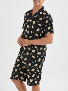 Conjunto de verano para hombre con mangas cortas y pantalones cortos con estampado completo para uso en el hogar