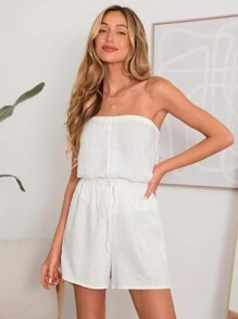 SHEIN LUNE Women Washed And Lace Patchwork Strapless Top And Shorts Set For Summer - White - View 3