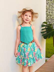 SHEIN 少女斜交垂墜襯衫上衣&花卉印花荷葉邊裙子