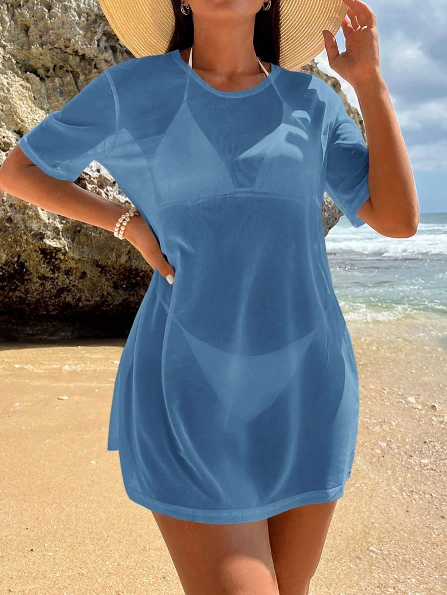Swim Vcay 纯色圆领透明短袖罩衫连衣裙，非常适合夏季海滩度假 - 淺藍色 - 查看 1