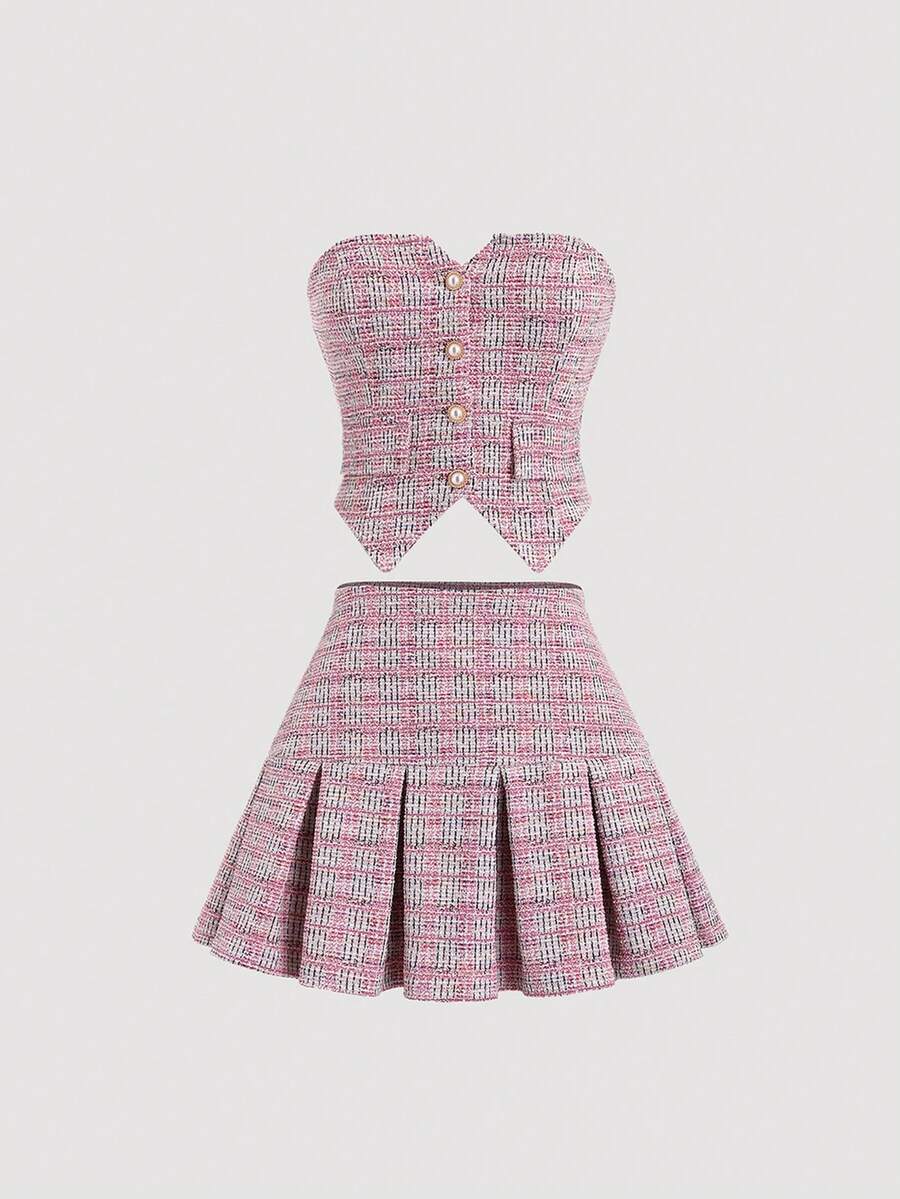 Sweetra Women's Fashionable Plaid Strapless Top And Skirt Set Y2K Outfit  - Ružičasta - Prikaz 1