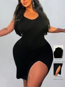 Allurite Plus Size Women's Simple Solid Color Sleeveless Sweater Dress - Black - View 1