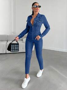 RueChic Zip Up Flap Pocket Denim Jumpsuit - Blue - View 5