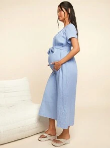 SHEIN Maternity Linen Round Neck A-Line Dress With Flared Sleeves, Loose Woven Solid Color Pregnancy Dress For Home