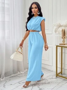 AIJ Amarilo Women's Casual Solid Shoulder Pad Round Neck Cropped Top & Wide Leg Pants Set - View 5