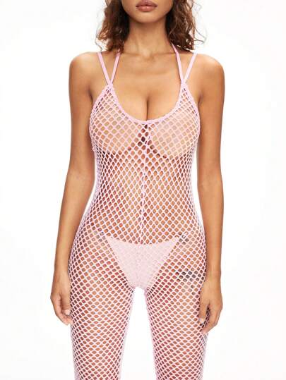 Kawaii Sweetheart Mesh Halter Bodystocking With Flared Hem And Exclusive Neck Strap